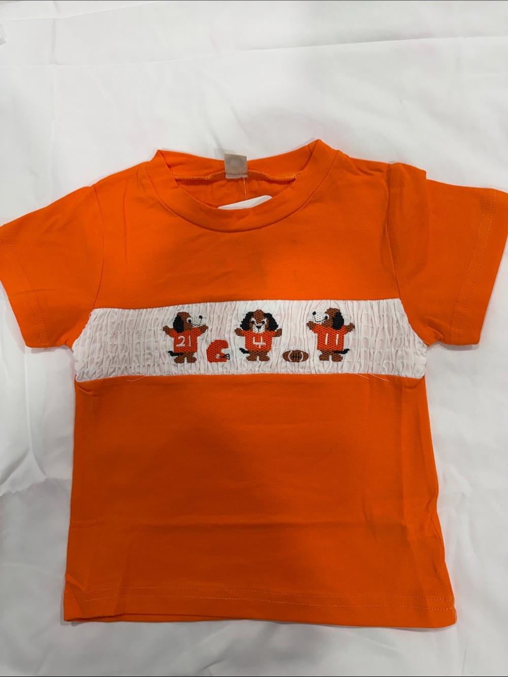 PatPat Orange Short-Sleeve Smocked Puppy Football Tee
